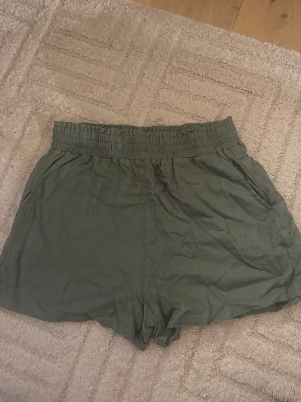 Blank NYC Olive High-Waist Smocked Lounge Shorts